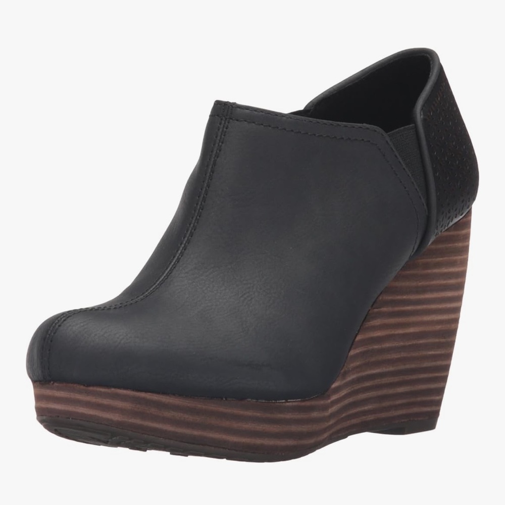 DR SCHOLL’S- COOL FIT, WM’S SZ-8.5, “Black” Leather Brown Wedge Shoes